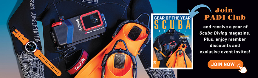 join padi club image of scuba gear and the cover of scuba diving magazine